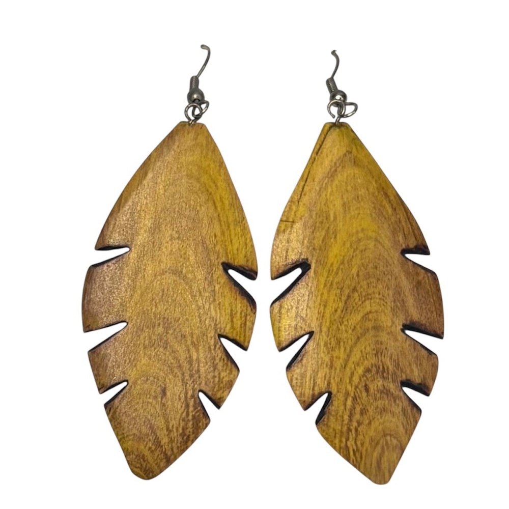 Vintage Handmade Natural Canary Wood Boho Earrings Palm Beach Leaf